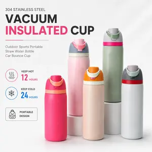 480/710ml Thermos Cup 304 Stainless Steel Straw/Direct Drinking Water Bottle One-touch Open Vacuum Mug for Outdoor,Car,Daily Use
