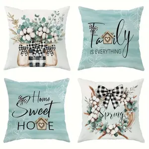 4pcs, Spring-themed Eucalyptus Throw Pillow Covers,  Blue and Brown, Family and Sweet Home Design, Farmhouse Style, Suitable Spring Living Room, Bedroom, Sofa and Bed Decoration, Spring Decoration, Single Sided Printing, No Pillow Core