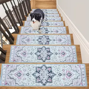 15pcs Stair Mats Anti-Slip Stair Treads Non-Slip Stair Treads for Wooden Steps, Washable Self-Adhesive Stair Runners Stain-Resistant Stair Carpet, Edging Stair Rug for Elders And Dogs