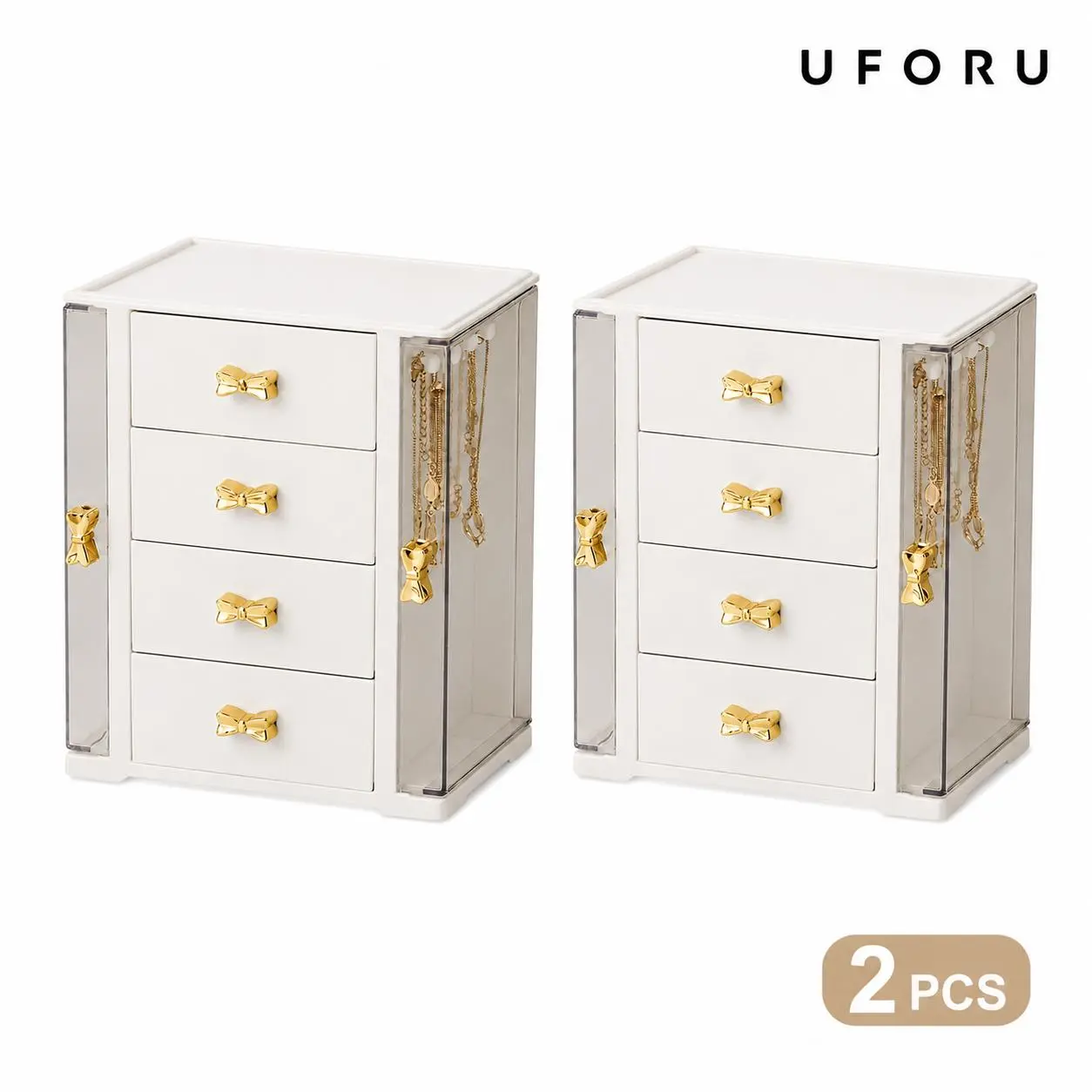 UFORU 4-Tier High-Capacity Glass+Metal Jewelry Organizer Box - 4-Drawer Velvet Anti-Tangle Compact Women's Storage Container with Separate Compartments for Daily/Travel Rings, Earrings, Necklaces, Bracelets