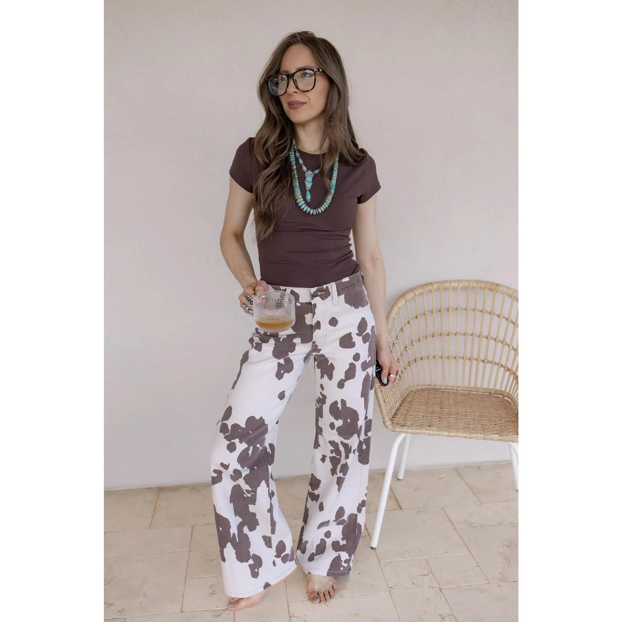 Cowgirl Cutie Cow Print Wide Leg Denim Jean