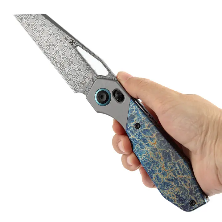 KANSEPT QTRO Crossbar Lock Stonewashed/Beadblasted Titanium & Titanium Inlay with Copper Carbon Fiber/Lightning Strike Finish/Shred Carbon Fiber Inlay Handle (3.59'' Elmax/Damascus Blade) Luft Concepts Designed- K1118VA2