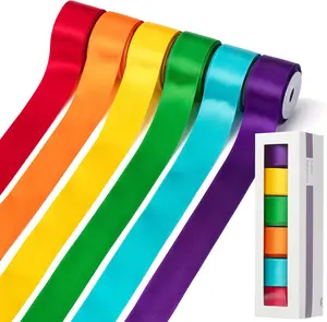 Satin Ribbon, 6 Rolls, 1 Inch, 5 Yards/Roll, Vibrant Rainbow Ribbon 1 Inch