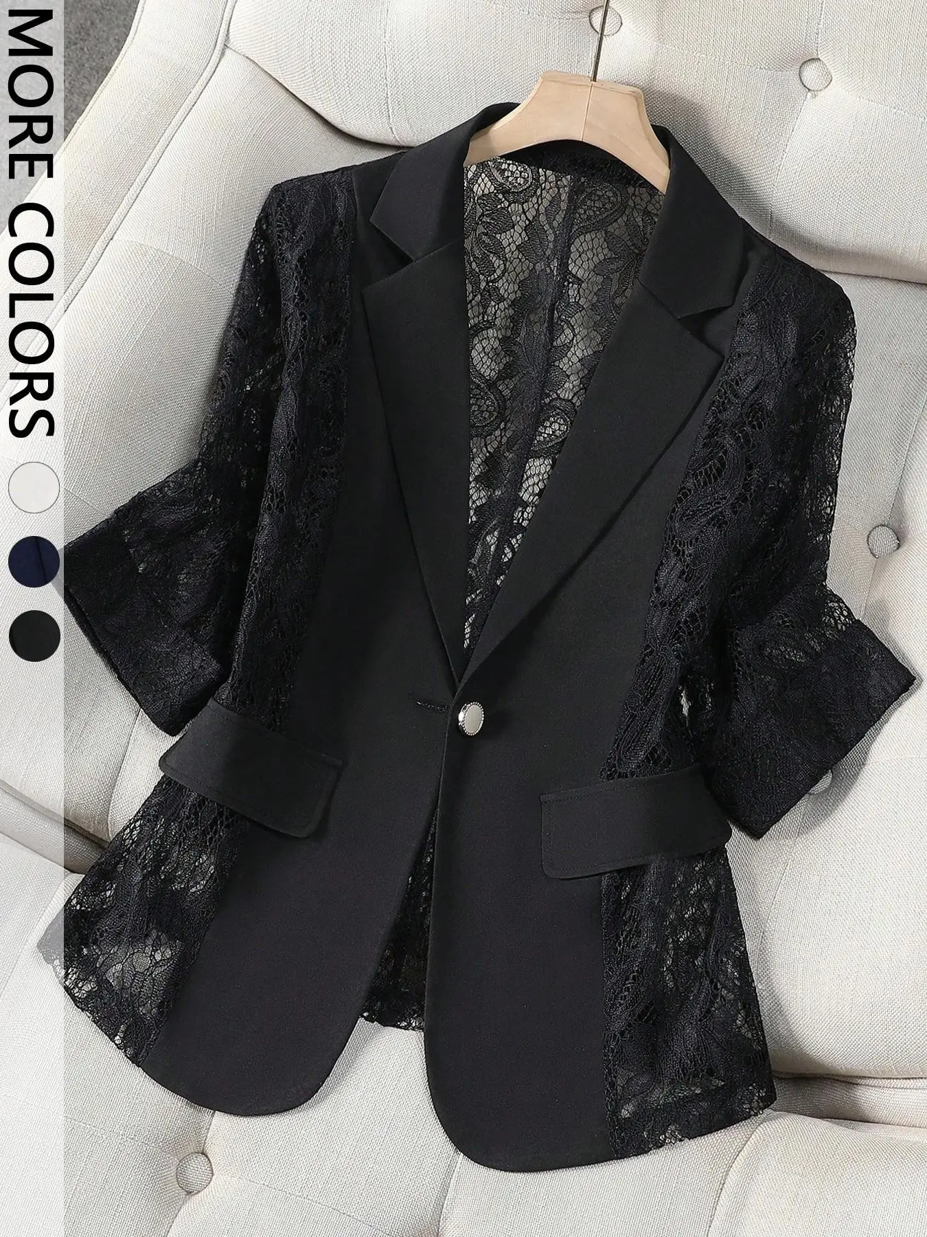 Women's Lace Panel Blazer - Sheer Lace Sleeve White Blazer for Office Wear, Evening & Going Out | Trendy Quiet Luxury, Elegant, Chic, Viral TikTok Jacket, Suits