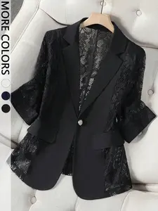 Women's Lace Panel Blazer - Sheer Lace Sleeve White Blazer for Office, Evening & Going Out | Trendy Quiet Luxury, Viral TikTok Jacket