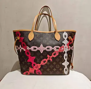 Pre-owned Louis Vuitton canvas Tote Bags limited edition pink and white chain motif printed on classic brown monogram Monogram Bay Neverfull MM