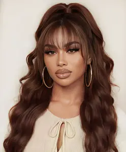 KEPHARE Glueless Wig Human Hair 13x6 HD Lace Front Wig With Bangs Wear and Go Glueless Chocolate Brown Body Wave 200 Density Lace Front Wigs Human Hair Pre Cut Pre Plucked Ready to Wear Chestnut Brown Wig For Women