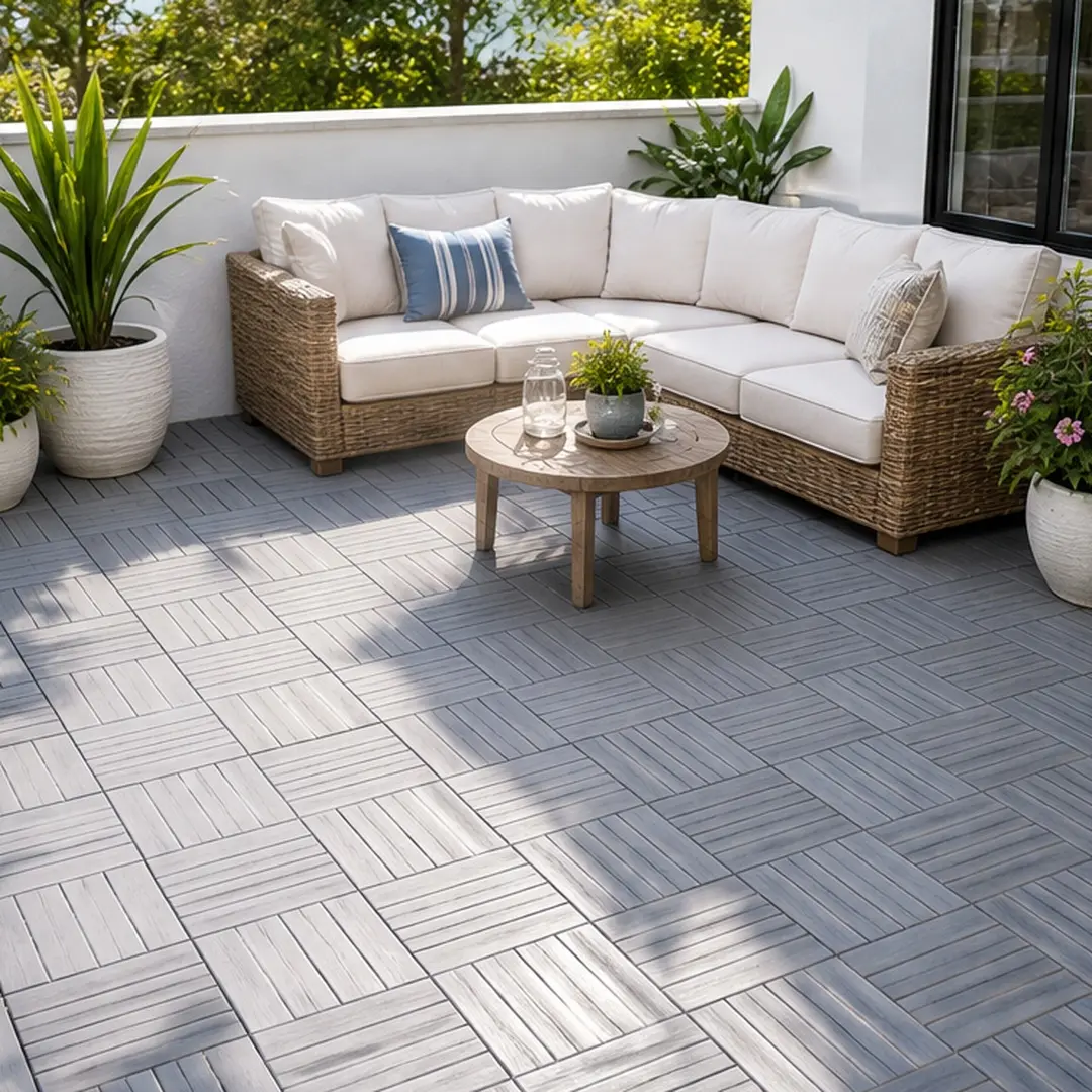 ARCH 12x12 in Interlocking Acacia Wood Deck Tiles (30-Pack), Striped Light Gray, Easy DIY Assembly Snap-Together System, Waterproof, Anti-Mildew, Customizable Fit, Ample Drainage for Patio, Balcony, Porch Outdoor Flooring