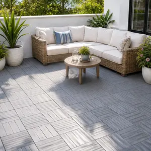 ARCH 30-Pack 12x12 Inch Interlocking Acacia Hardwood Deck Tiles, Striped Pattern, Light Gray, DIY Snap-Together Outdoor Flooring for Patio, Balcony, Poolside, Porch, Waterproof & Anti-Mildew Wood Pavers, Light Gray Color Options, Acacia Wood Material