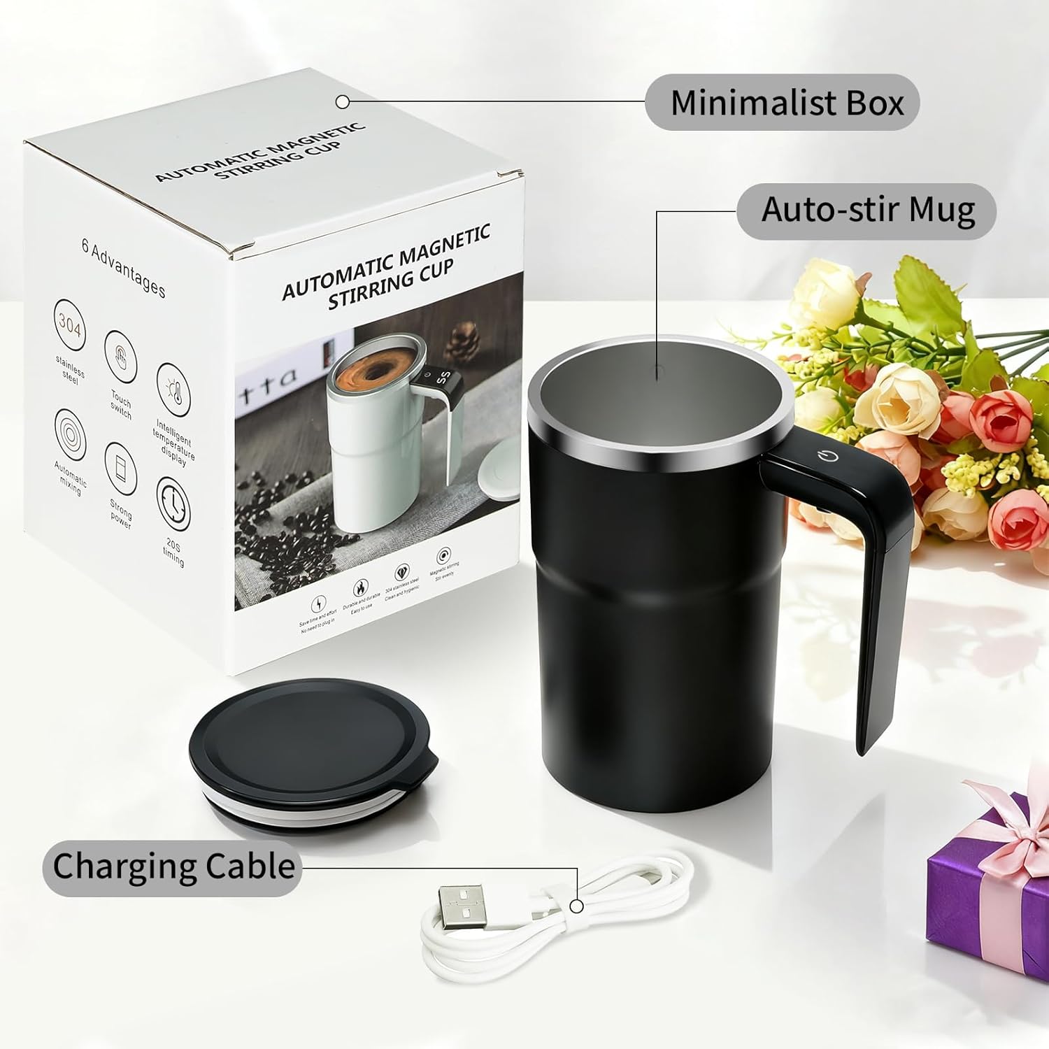 Rechargeable Automatic Magnetic Self-Stirring Coffee Mug with Lid, Stainless Steel Insulated Mixing Cup with LCD Temperature Display, Electric Auto Stir Mug for Coffee, Milk,Tea & Protein Powder, 12.85oz Gift for Mother’s Day,Graduation,Home Office Travel