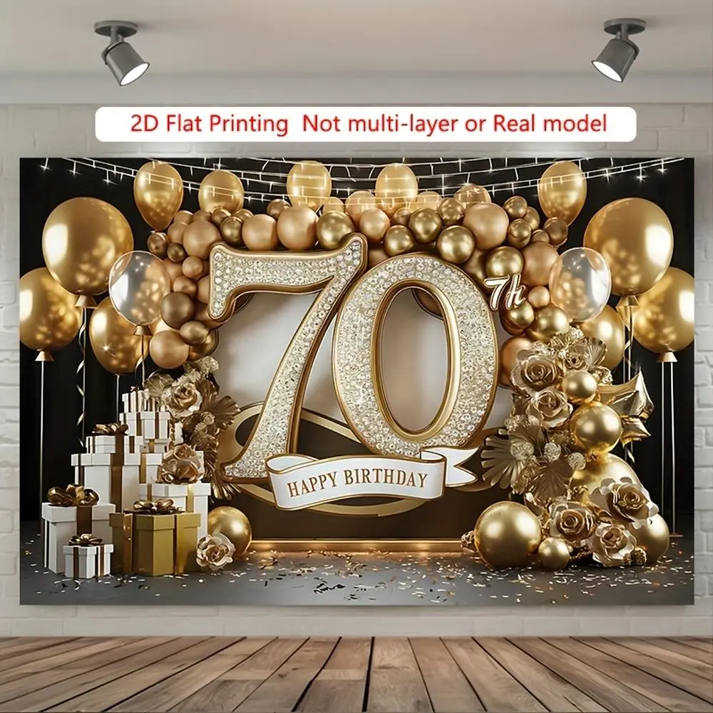 1PC Black Gold Luxury Balloon-Themed 70th Happy Birthday Backdrop, Flat 2D Reusable Polyester Cloth Indoor Backdrops, Photo Booth Prop Banner for Adult Birthday Party Decoration & Photography