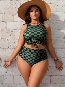 Plus Size Green Plaid 2-Piece High-Waisted Tummy Control Bikini, Tie-Front Crop Top Bathing Suit, Retro Checkered Women’s Swim Set for Beach Sports & Outdoor Use, Bathing Suits, Two Piece Sets,summervibes