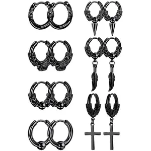 OIDEA 7 Pairs Stainless Steel Black Earrings Set for Men, Hollow Dragon Cross Feather Spike Hoop Stud Earrings Combo Pack