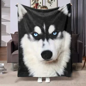 Soft Flannel Husky Dog Portrait Throw Blanket, Comfy Fluffy Plush Blanket With Realistic Blue-Eyed Husky Print, Shawl Blanket For Living Room, Sofa, Bed Cover, Room Decor For Dog Lovers, Men & Women, Gift For Dog Enthusiasts, Men, Women & Kids