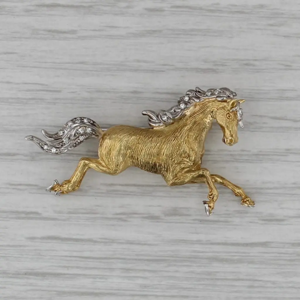 Vintage Diamond Galloping Horse Brooch Cropp & Farr 18k Gold Asprey Box