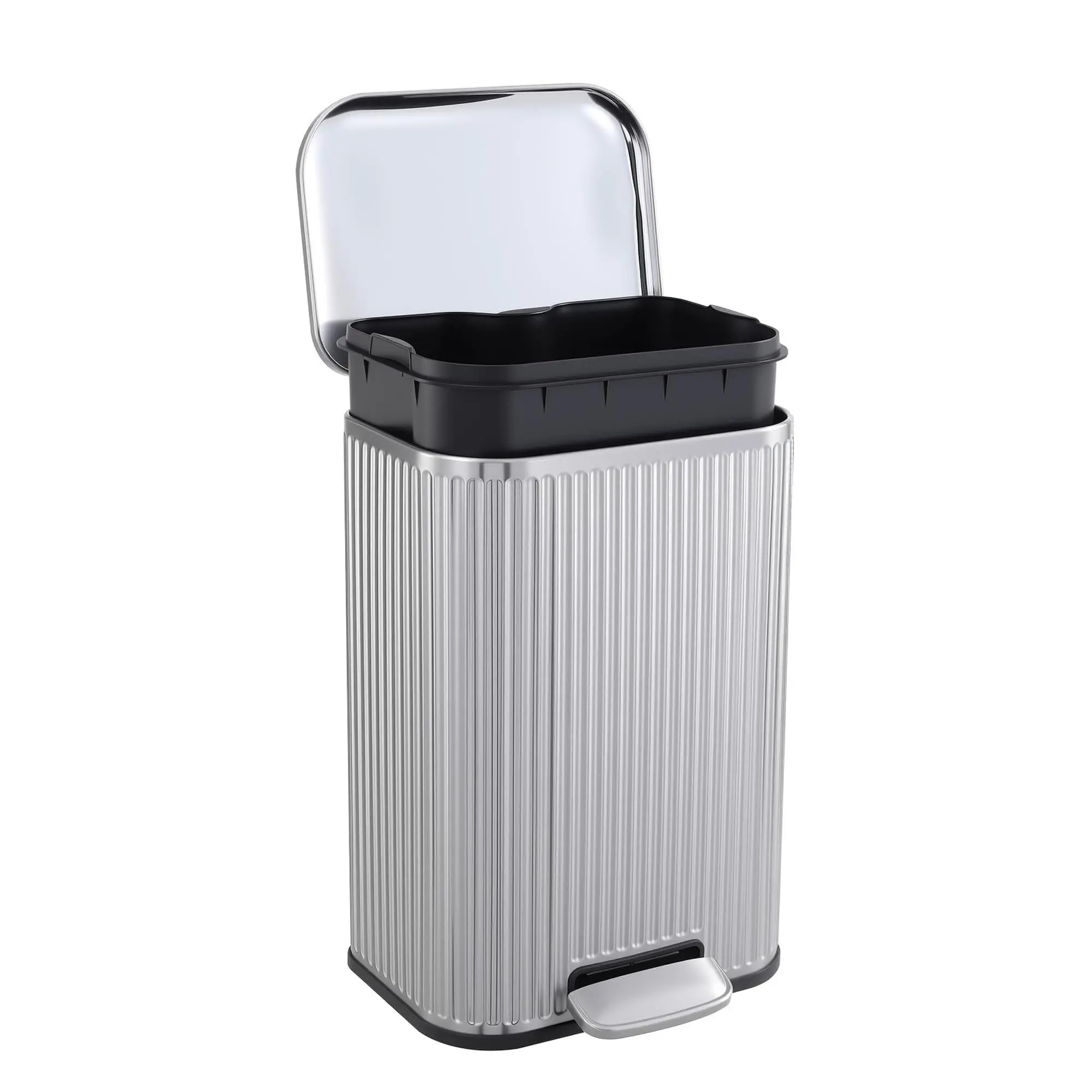 Garvee Soft-Close Pedal Rubbish Bin - Stainless Steel Household Waste Bin with Fluted Rectangular Design, Removable Inner Bucket, Anti-Slip Base - Office Trash Cans for Near Desk, Kitchen Litter Trash Can