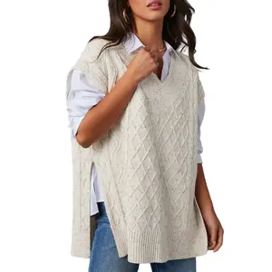 Sweater vest, women's oversized V-neck sleeveless casual cap, knitted side seam spotted pullover topRAIMENTRY