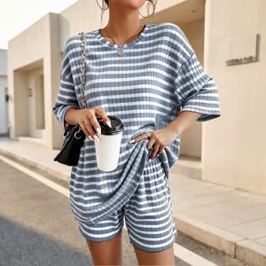Oversized Striped Loungewear 2-Piece | Soft Knit T-Shirt & Shorts for Cozy Vacation & Daily Wear