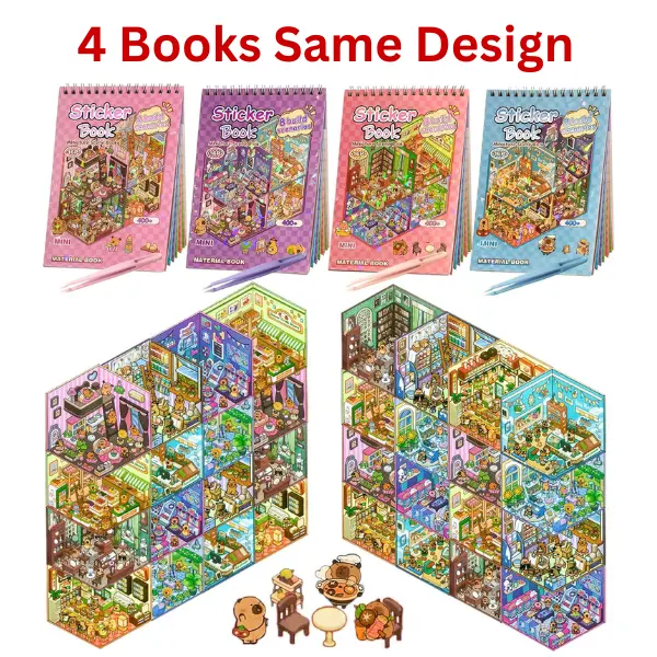 Summer Gift 4(Same Book with Different Colors) Sticker Books (1200+ Stickers), 32 DIY 3D Scene Sticker Collection with Tweezers, Reusable Creative Craft Set – Aesthetic Art Supplies & Party Favors