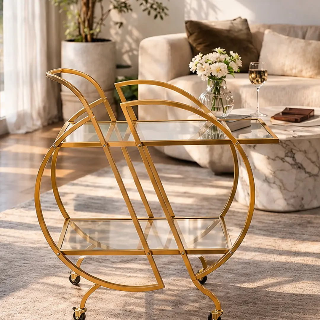 ARCH Gold Bar Cart Serving Cart with Lockable Wheels, Rolling Wine Cart with 2 Mirrored Shelves, Round Metal Utility Cart for Kitchen, Living Room, Party Storage, 15.15x34.50x40.15 in, Gold Color Options, Metal Material, Product Weight: 19.84 lb