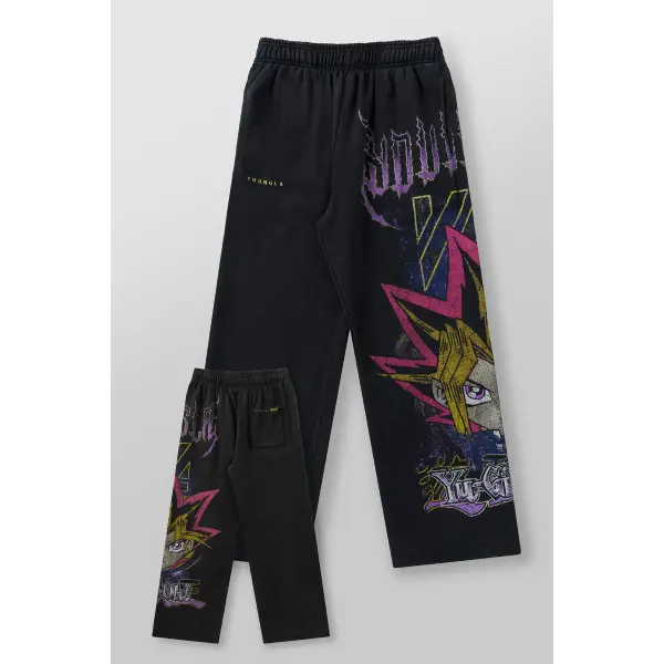 Men's Yu-Gi-Oh Anime Graphic Sweatpants Loose Fit Black Streetwear Baggy Wide Leg Pants