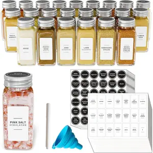 24 count  Jars with Labels, Empty 4oz Glass  Bottles, Minimalist Farmhouse  Labels Stickers with Funnel, Seasoning Containers for  Rack, Cabinet and Drawer