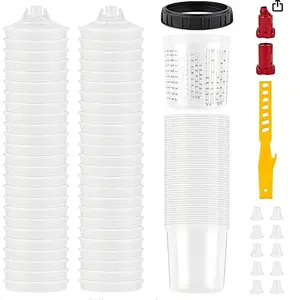Disposable Paint Sprayer Gun Cup 20 Ounce(600ML) Kit with 50 Cups and Lids System 1 Hard Cup with Retainer Ring 2 Adapter 10 Plugs and 1 Paint Stirrer for Automotive Commercial Coatings