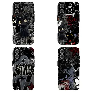 FL-Y2K Goth Black Cat Collage Phone Case for Girls, Dark Emo Grunge Horror Skeleton Shockproof Cover For iPhone 11 12 13 14 15 16 17 Air Pro Max for Samsung S26 S25 S24 S23 S22 S21 Case,Gift for her/him