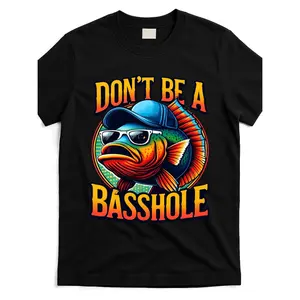 Funny Bass Fish Dont Be A Basshole Graphic T Shirt For Men Black Cotton Short Sleeve Tee With Stylish Fishing Design Comfortable Round Neck Casual Wear Golf Gift T-Shirt For Men and Women