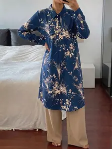 Women's Floral Print Button Front Longline Polo Shirt & Plain Wide Leg Pants Two-piece Set, Casual Elegant Long Sleeve Top & Knot Front Trousers for Daily Wear, Ladies Two-piece Matching Outfits for All Seasons