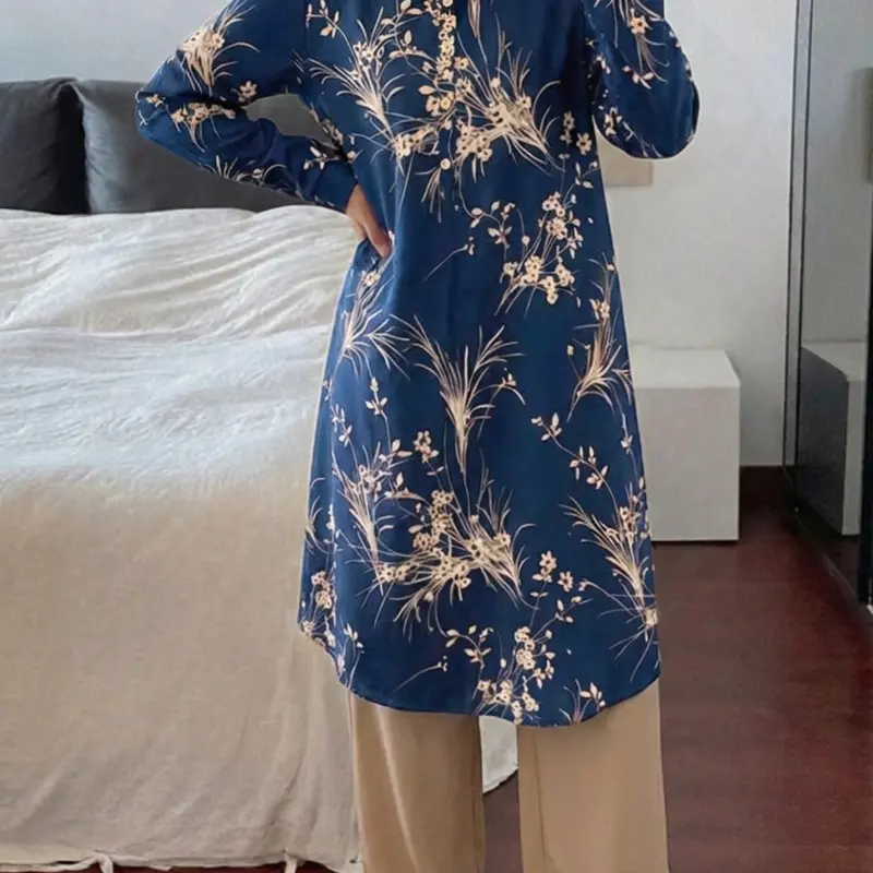 Women's Floral Print Button Front Longline Polo Shirt & Plain Wide Leg Pants Two-piece Set, Casual Elegant Long Sleeve Top & Knot Front Trousers for Daily Wear, Ladies Two-piece Matching Outfits for All Seasons, Summer Matching Set