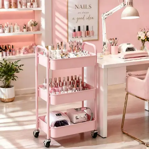Pink 3-Tier Rolling Storage Cart – Versatile Organizer for Nail Tools, Craft Supplies, Kitchen Essentials & More – Compact, Mobile, Stylish & Functional!