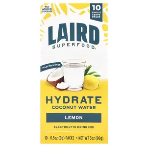 Laird Superfood Hydrate Coconut Water, Electrolyte Drink Mix, Lemon, 10 Packs, 0.3 oz (9 g) Each