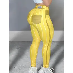 [New Yoga Pants] High-Waisted Yoga Pants |   2024 New Women's Imitation Denim Jeans Line Print with Striped Pattern & Fake Pockets, Stretchy 9" Length Leggings for Gym, Workouts & Casual Wear Can be used with raincoat