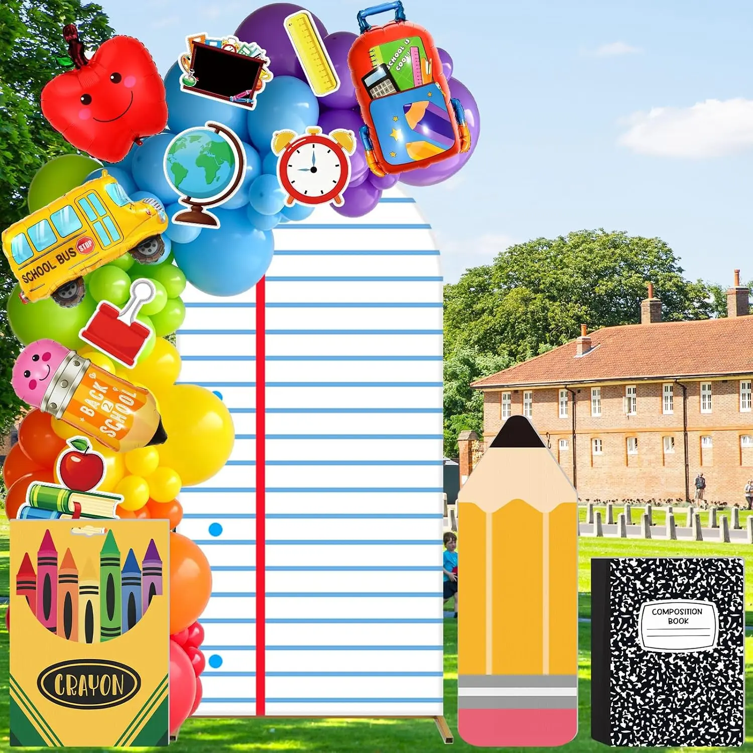 92 Pcs Giant Back to School Party Decorations Set Includes Balloon Arch Cover Pencil Notebook Crayon Box Cardboard Cutouts Decorations Cards for First Day of School Classroom Photo Booth Supplies