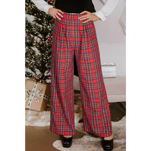 Red Christmas Plaid Wide Leg Pull-On Pants