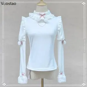 Japanese Sweet Lolita Style White Tops Women Kawaii  Lace Patchwork Basic Tees  Aesthetic Cute Cat Paw Embroidery T-shirts