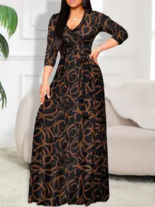 【Plus Size】 Geometric Print Belted Dress, Elegant V Neck Long Sleeve Dress for Party Holiday Wedding Guest, Women's Clothes for All Seasons