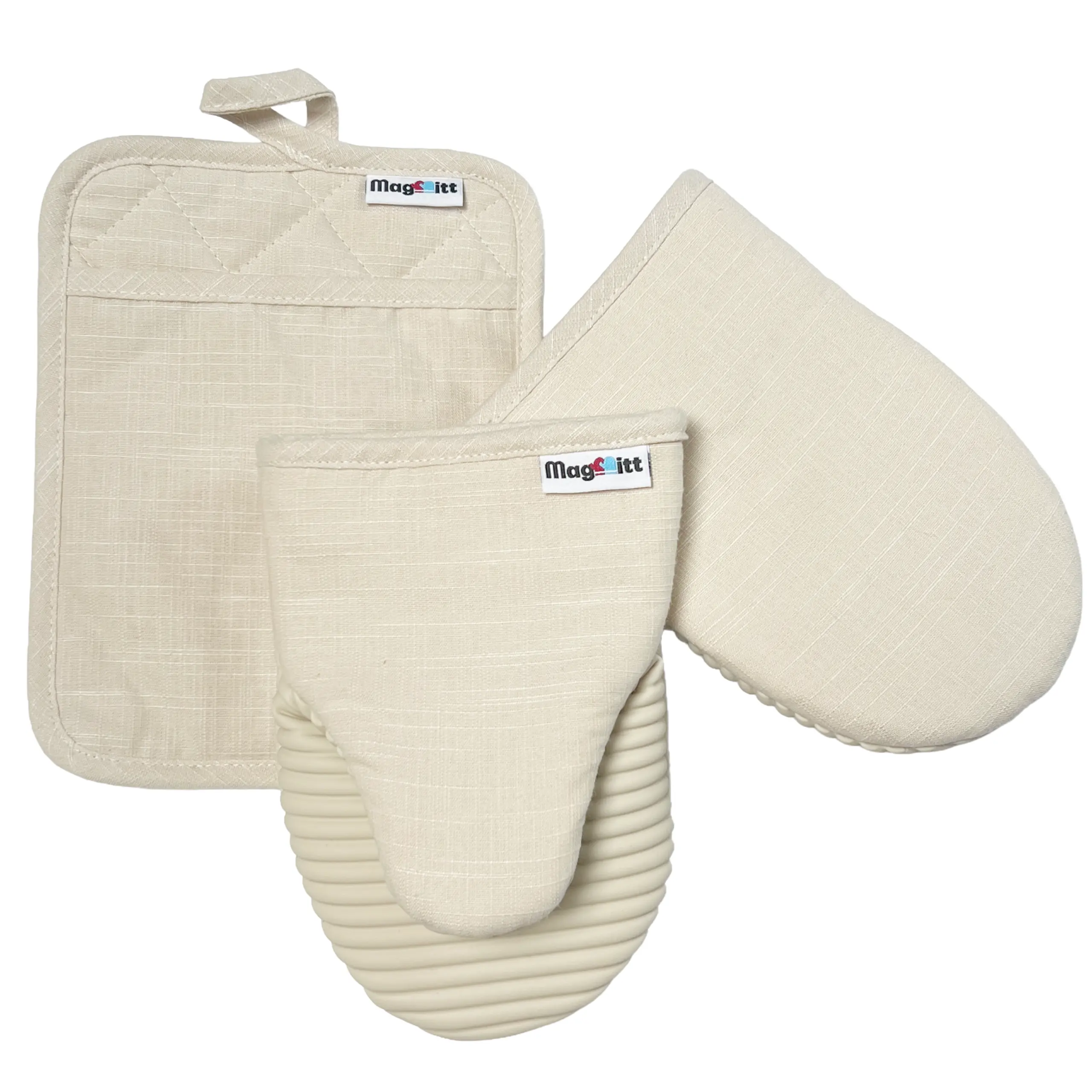 MagMitt Magnetic Oven Mitts - 3 Piece Set (Vanilla Cream) - 2 MagMitts & 1 MagPad - Heavyweight Cotton Canvas Flexible Silicone Grips Heat Protection Kitchen Essentials