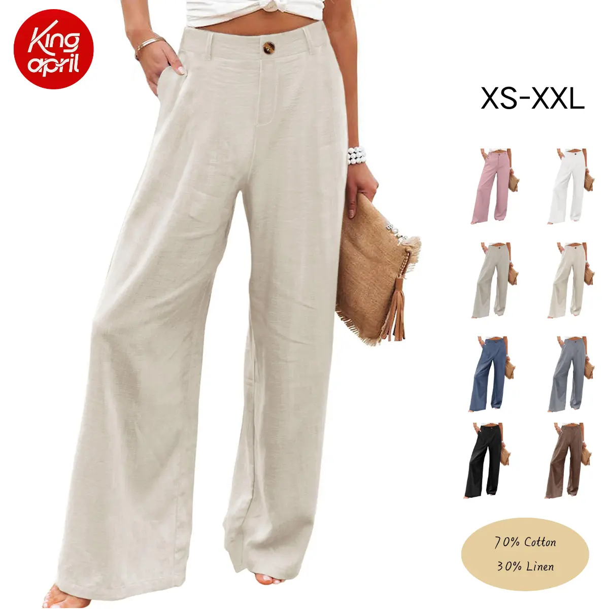 Kingapril Womens Cotton Linen Pants Casual Button Up High Waisted Wide Leg Trousers Womenswear Elastic Summervibes