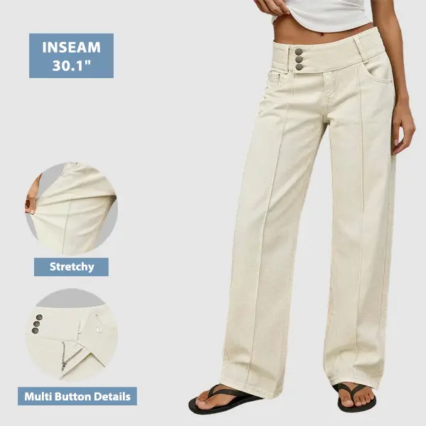 Flamingals Asymmetrical Button Fly Stitch Detail Mid Waist Straight Leg Pants Womenswear Stretchy 30.1" Inseam