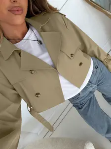 Women's Casual Commuter Solid Color Double-Breasted Belt Button Short Jacket Fit, Spring Fashion, Comfortable and Stylish Outerwear Coats