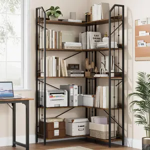 Garvee Corner Bookshelf, 5 Tier Tall Bookcase, l Shaped Industrial Corner Shelves for Living Room, Large Bookcases and Bookshelves for Home Office Bedroom, Tall Display Shelf Storage Organizer