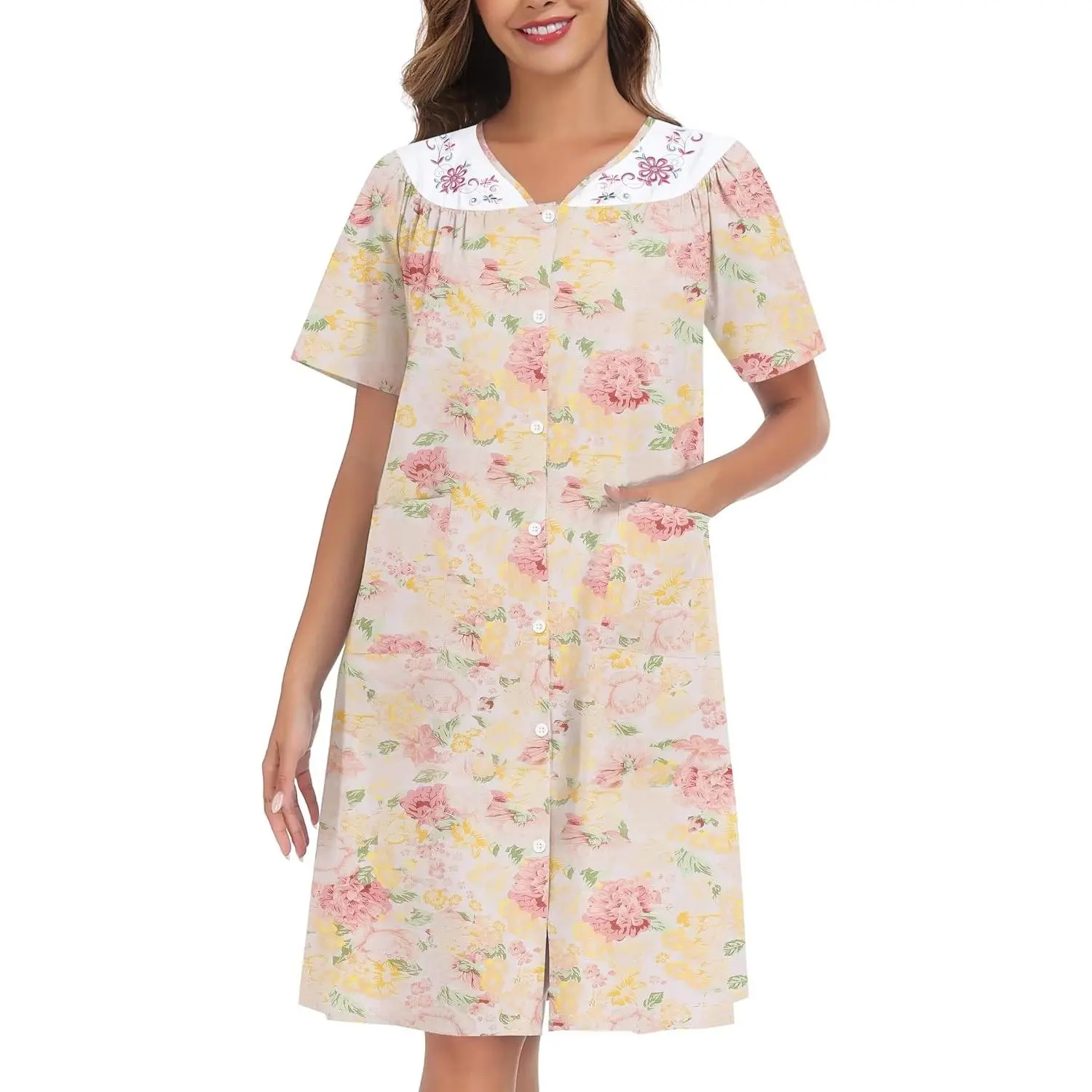 Cotton House Dresses for Women Embroidered Nightgowns Housecoat Short Sleeve Duster Robe with Front Pockets S-3XL