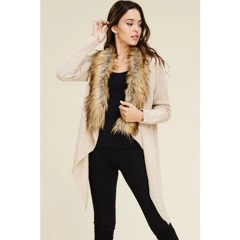 Faux Fur Trim Waterfall Sweater - Oatmeal