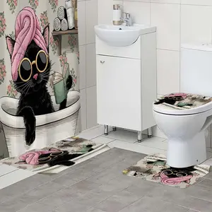 1/4 piece set of black cat patterned shower curtain, The 4-piece set includes a single shower curtain, anti slip floor mat, toilet U-shaped mat, toilet lid mat, with shower curtain hook, and belongs to bathroom decoration products