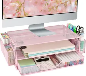 Computer Monitor Stand Riser, 2-Tier Desk Organizer with Drawers and 2 Pen Holders, Desktop Storage Organizer Accessories for Office Supplies, Pink