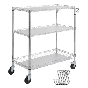VEVOR Kitchen Utility Cart, TikTokShopBlackFriday, 3 Tiers, Wire Rolling Cart with 661LBS Capacity, Steel Service Cart on Wheels, Metal Storage Trolley with 80mm Basket Curved Handle PP Liner 6 Hooks, for Indoor and Outdoor Organiser Racks