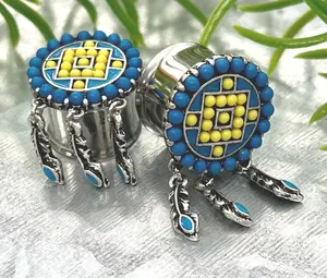 PAIR Aztec Turquoise Dream Catcher Dangle Double Flare Tunnel Plugs Gauges
