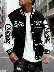 Men's Baseball Jacket, Chicago Style Geometric Pattern, Colorblock Sleeves, Button Closure, Stretchy Fabric, All Season Outerwear